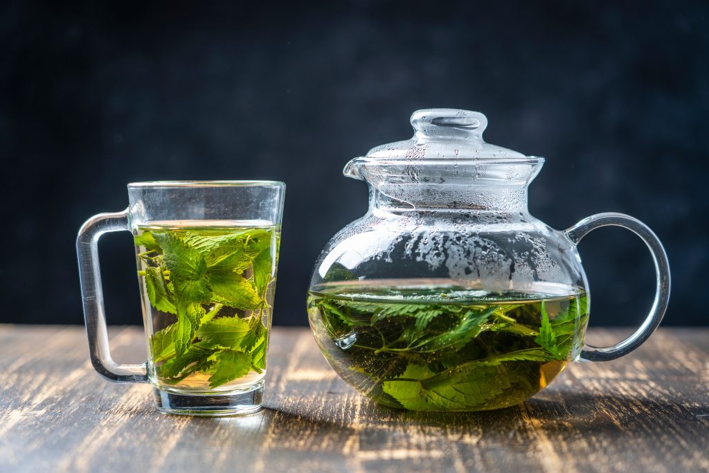 Nettle tea in a glass tea pot and mug on wooden table.